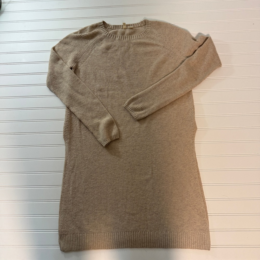 Moth Sweater Tunic Women M Tan Pointelle Raglan Long Sleeve Crew Neck Side Slit